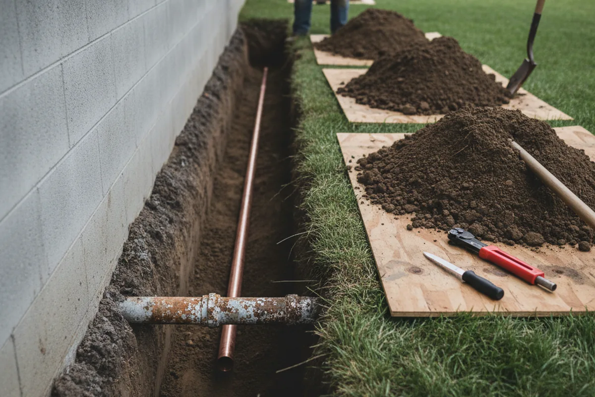 Excavated water line trench during Sewer Line Repair in Vicco